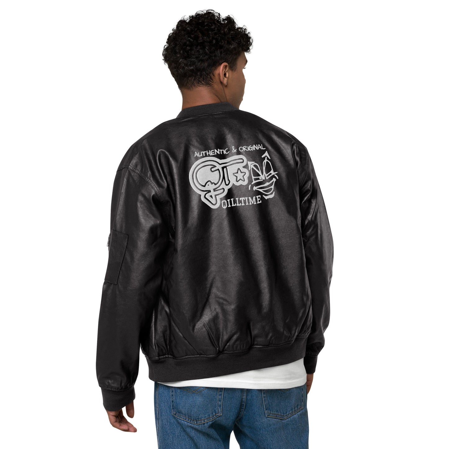 QILLTIME embroidery logo Leather Bomber Jacket