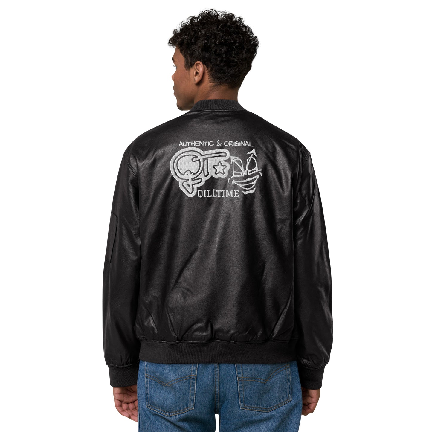 QILLTIME embroidery logo Leather Bomber Jacket