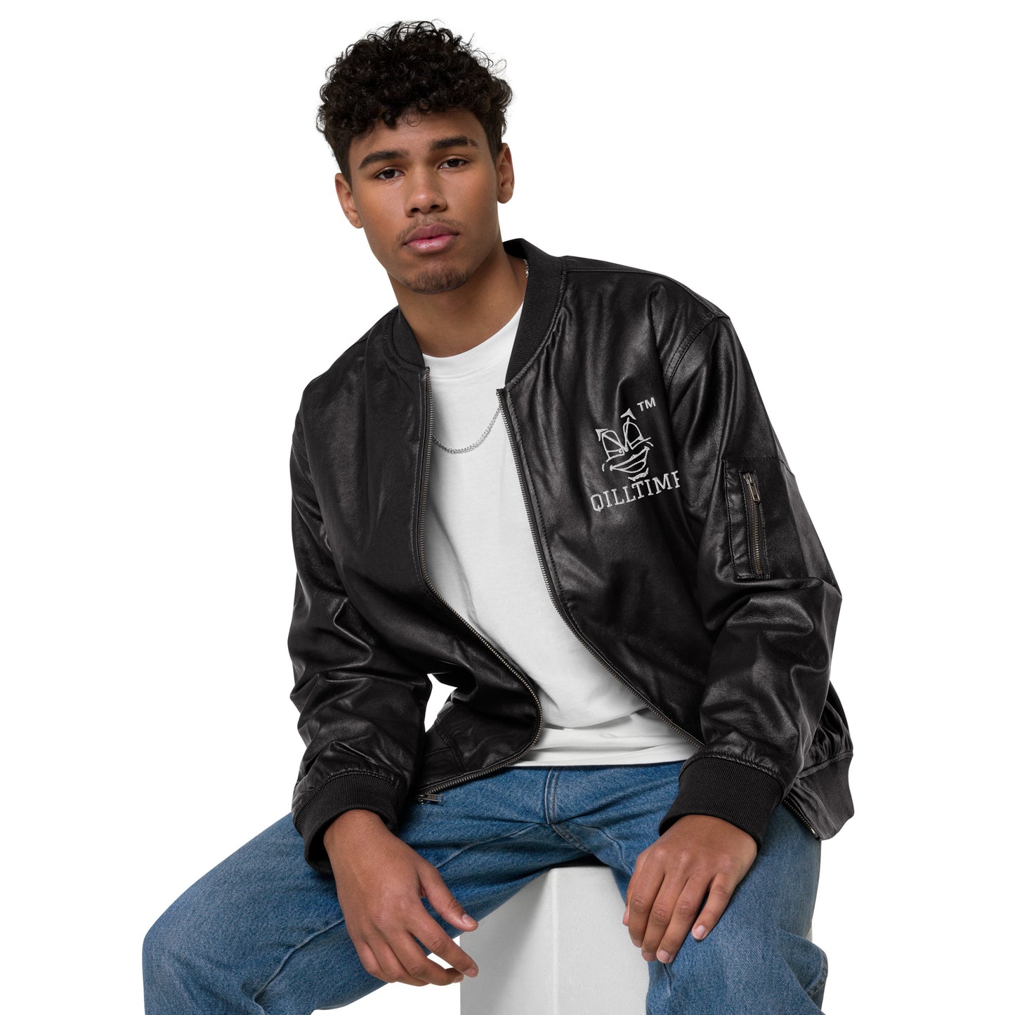 QILLTIME embroidery logo Leather Bomber Jacket