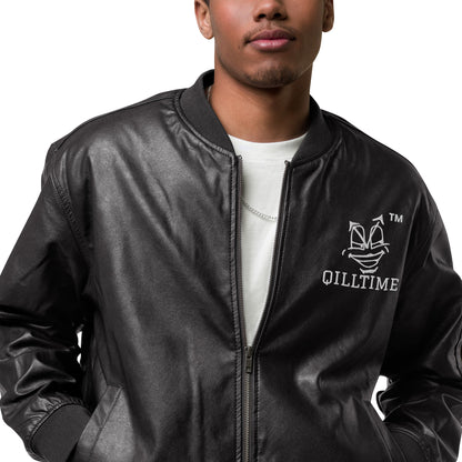 QILLTIME embroidery logo Leather Bomber Jacket