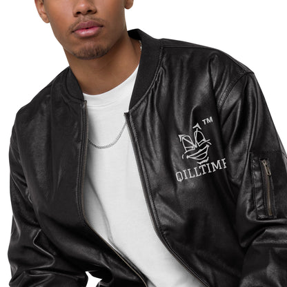 QILLTIME embroidery logo Leather Bomber Jacket