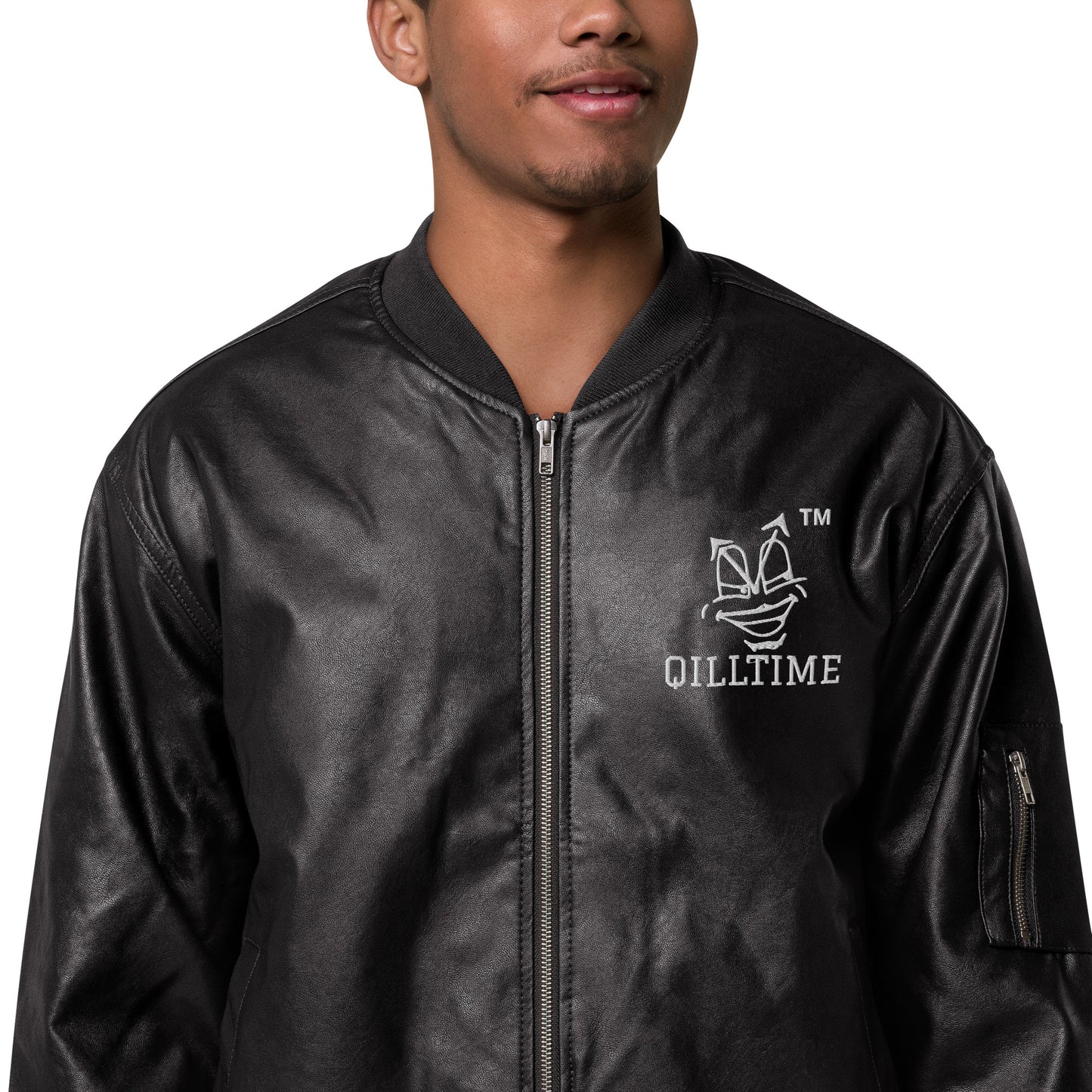 QILLTIME embroidery logo Leather Bomber Jacket